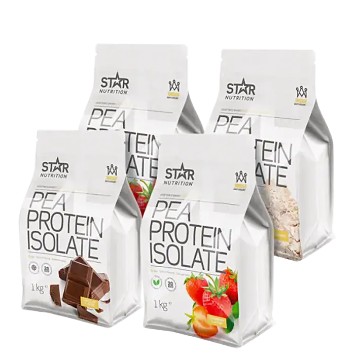 4 x Pea Protein Isolate fra Star Nutrition er ett rent og høykonsentrert erteproteinisolat. Godt, høykvalitet og ett 100% vegetabilisk protein!