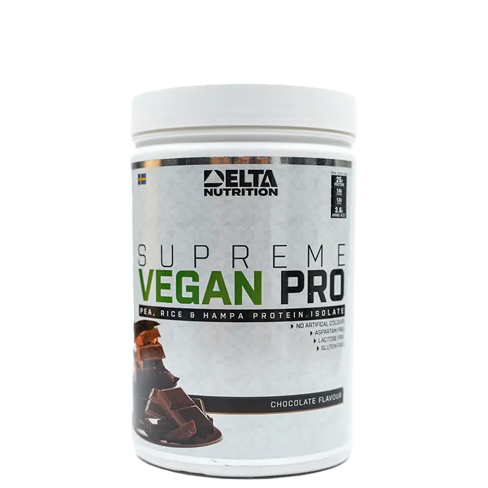 Supreme Vegan PRO er et 100 % vegansk proteinpulver fra Delta Nutrition. Med tre forskjellige proteinkilder, ekstra aminosyrer og hele 25 g protein per porsjon.