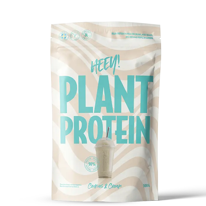 Vegansk Protein Cookies & Cream fra Heey! er et delikat proteinpulver med protein fra både erter og soya. Med et høyt innhold av protein, fantastisk smak og løser seg lett opp i vann. Et 100 % vegansk protein.